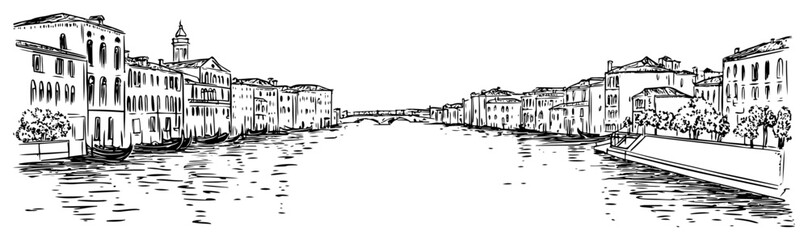 Venice Grand Canal with gondolas and historic architecture in Italy. Hand drawn vector cityscape sketch. © Tomas