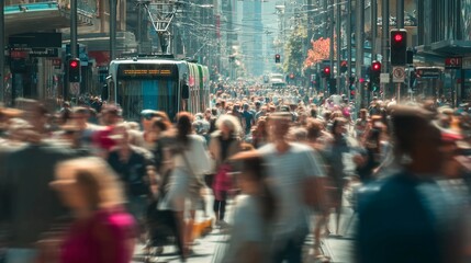 Obraz premium Dynamic city street scene with bustling crowd, tram, and traffic signals capturing urban energy and modern life, ideal for commercial use