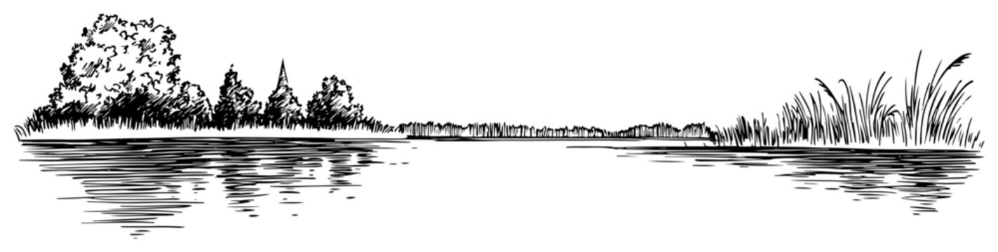 Serene river landscape with trees and reflections on the water Hand drawn nature sketch vector illustration