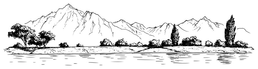 Obraz premium Mountain lake landscape. Hand drawn vector sketch of a beautiful nature scenery