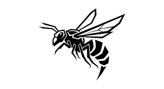 Black and white illustration of a wasp flying.
