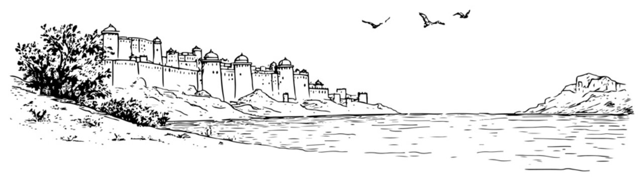 Ancient fortress on a river bank. Hand drawn vector landscape sketch of a historic castle or citadel