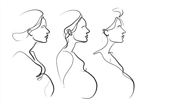 Set of three continuous line illustrations displays stages of pregnancy from first to third trimester in elegant minimal profiles.