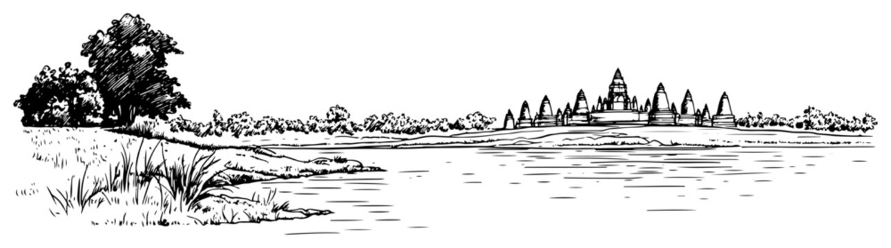 Angkor Wat Cambodia landmark sketch. Hand drawn vector illustration of the famous ancient temple