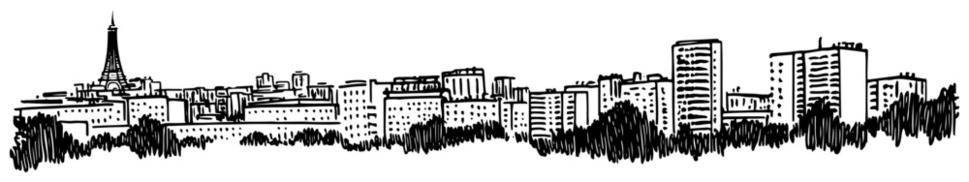 Paris France cityscape panorama. Hand drawn vector sketch of the skyline with the Eiffel Tower