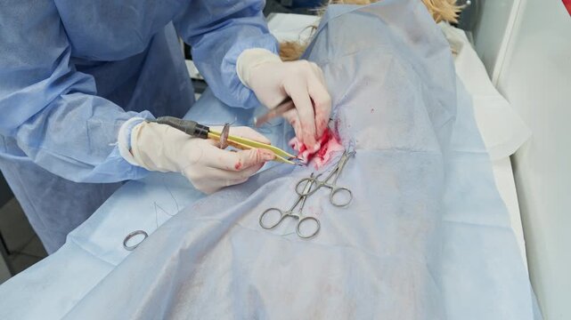 Veterinary surgeon operating on a dog during a sterilization procedure in a modern clinic. Gloved hands using surgical instruments like forceps and electrocautery on the animal's abdomen