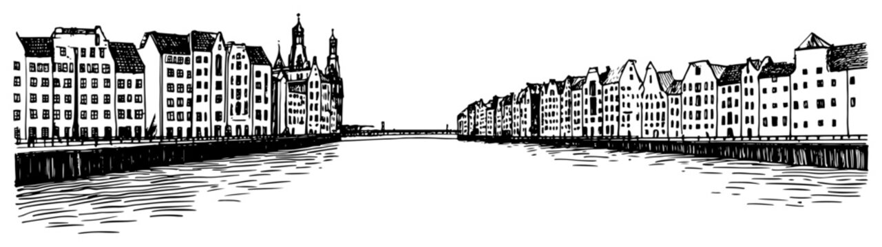 Amsterdam Netherlands cityscape with historic canal houses. Hand drawn vector sketch illustration.