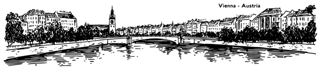 Naklejka premium Vienna Austria cityscape sketch. Hand drawn vector illustration of the historic waterfront on the Danube river