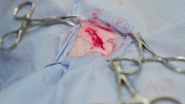 Professional veterinarian performing a surgical operation on a dog, meticulously suturing the incision closed with a needle and thread after a sterilization procedure in a veterinary clinic