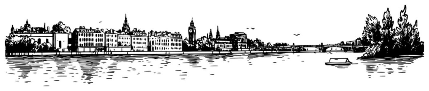 European city on the river sketch. Hand drawn vector illustration of a historic waterfront with a bridge