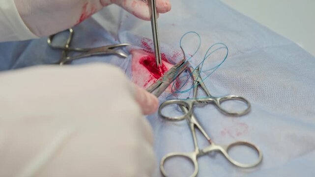 Close-up of a veterinary surgeon's hands in sterile gloves suturing an incision with blue surgical thread and forceps after an animal spaying operation in a modern clinic