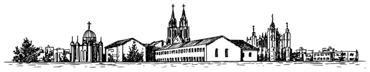 Fototapeta premium European religious complex with various churches Hand drawn architectural sketch vector illustration