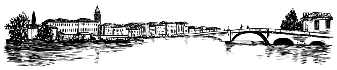 Venice Italy cityscape with a bridge over the canal. Hand drawn vector sketch of a historic waterfront © Tomas