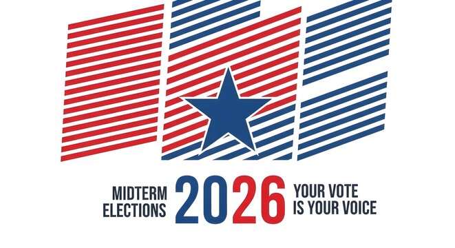 Graphic promoting the 2026 Midterm Elections with a stylized flag and a message about voting.