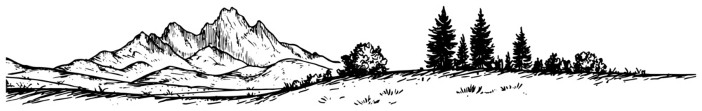Mountain range landscape with pine forest. Hand drawn vector sketch in vintage engraving style.