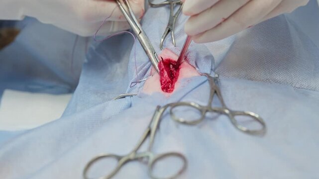 Close-up of a veterinary surgeon's hands in sterile gloves suturing a wound after a dog sterilization surgery, using professional medical instruments in an operating room at a vet clinic