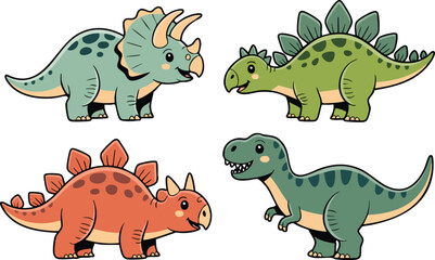 Cute cartoon dinosaur collection featuring triceratops stegosaurus and tyrannosaurus rex characters for children design. © Zahangir