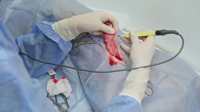 Professional veterinarian surgeon in sterile gloves performing an ovariohysterectomy on a dog using an electrocautery scalpel to stop the bleeding during the surgical procedure in a clinic
