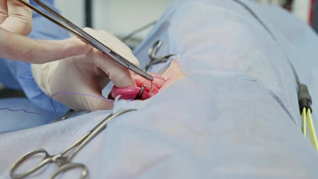Professional veterinarian performing a castration surgery on a male dog in a modern clinic. The surgeon's gloved hands are carefully suturing the wound after the procedure on the operating table