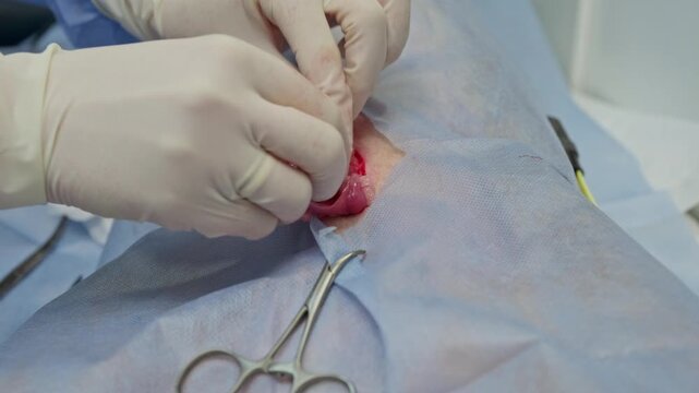 Professional veterinarian's hands in sterile gloves performing a castration surgery on a female dog in an operating room. Using specialized surgical instruments for the procedure at a veterinary clini