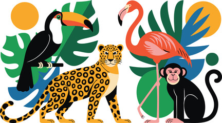 Tropical jungle animals flat vector illustration featuring toucan leopard flamingo and monkey with colorful palm leaves. © Zahangir
