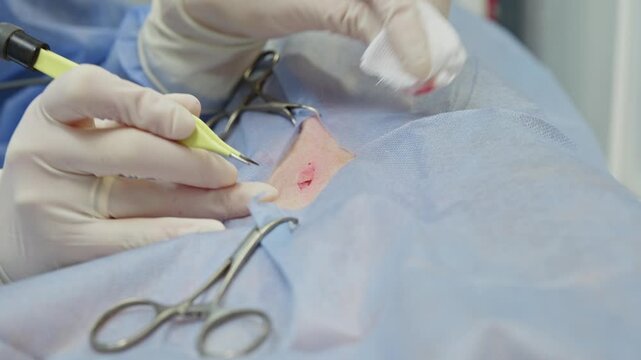 Close-up of a veterinary surgeon's hands in sterile gloves performing a spaying operation on a dog, using an electrocautery pencil and surgical instruments to make a precise incision