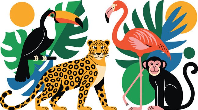 Tropical jungle animals flat vector illustration featuring toucan leopard flamingo and monkey with colorful palm leaves.