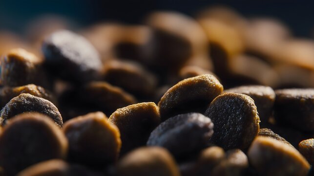 Premium dry dog food kibble pile focusing on texture and canine nutrition