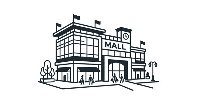 Modern Shopping Mall Building with People Walking Inside.
