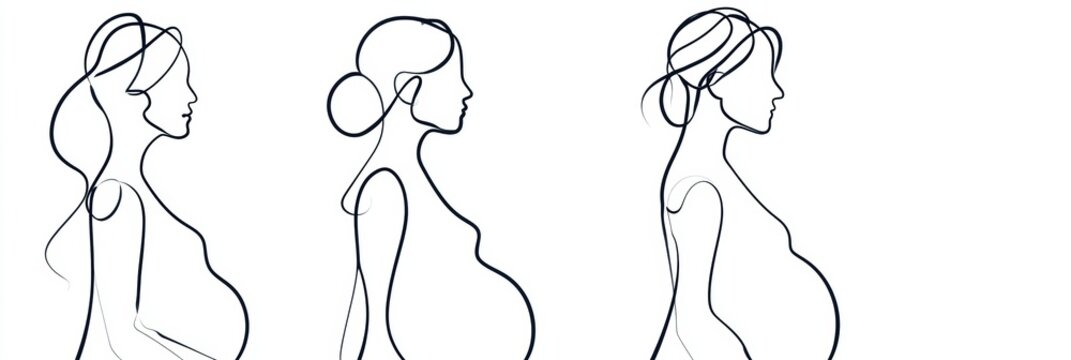 Three continuous line drawings display the stages of pregnancy. Each profile shows a different trimester, featuring minimal design and clear lines.