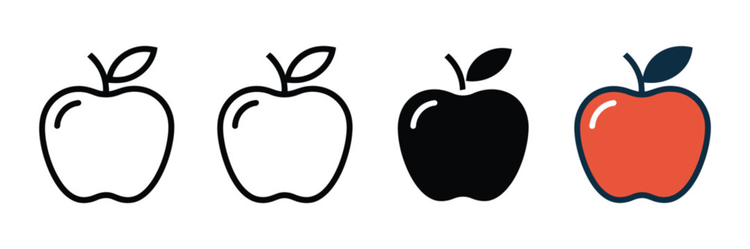 Set of four minimalist apple icons featuring outline silhouette and colorful flat vector designs for digital ui elements and modern website graphic interface