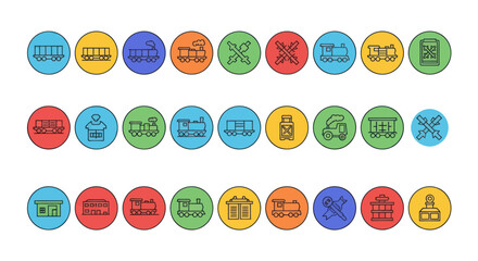 Train Icons Set: Transportation, Railway, Locomotive, Wagon, Station Symbols © dani