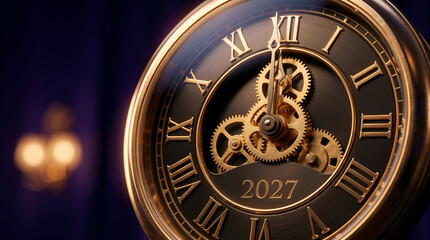 Obraz premium Luxury Vintage Clock Showing Midnight 2027 with Golden Gears and Roman Numerals, New Year Countdown Time Concept