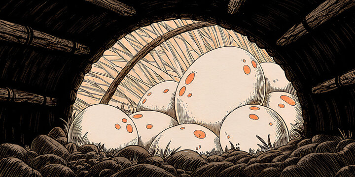  Stylized Illustration of Large Spotted Eggs in a Dark Cave