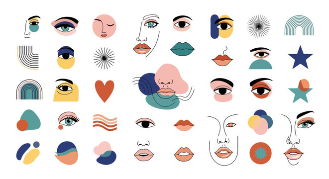 Abstract faces and eyes collection with various shapes and colors.