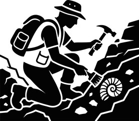 Paleontologist brushing away dirt from fossilized ammonite shell with hammer and brush © Md Imran