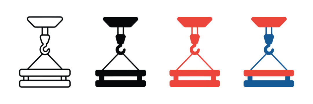 Industrial crane hook lifting load icon set featuring four distinct styles including line art and solid colored variations for professional construction site graphics