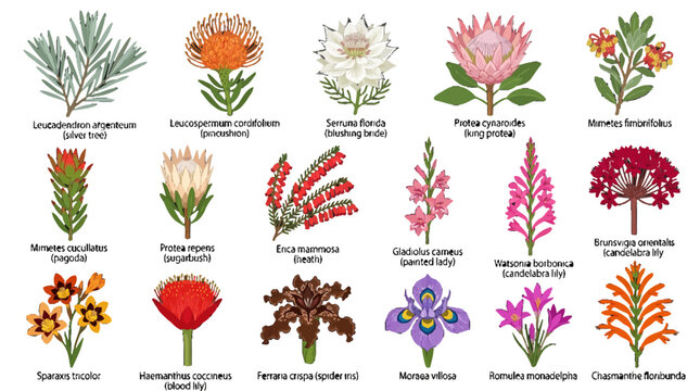 Botanical Illustration Set of South African Fynbos Wildflowers and Native Flora for Floral Design and Nature Education Projects
