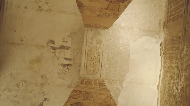 4k footage of Interior view of the famous abu simble temple that is decorated with gods figures and hieroglyphs in aswan in Egypt. 