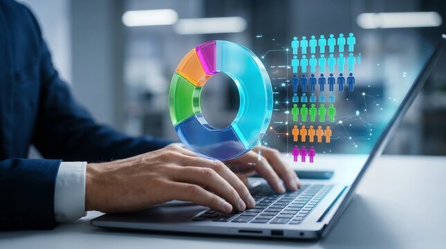 Demographic analysis. Market segmentation and target audience analytics. Businessperson using laptop computer to analyze statistical data. 