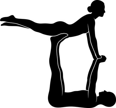 Yoga poses for two people in black silhouette on white background for acro practice