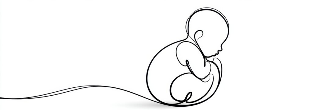 Single line art presents a baby curled in a fetal position, capturing both a medical and emotional concept in a minimalist style.