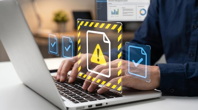 Problematic document and reject file. Error notification on approval system. Businessman using laptop computer to submit documents to compliance verification system. 