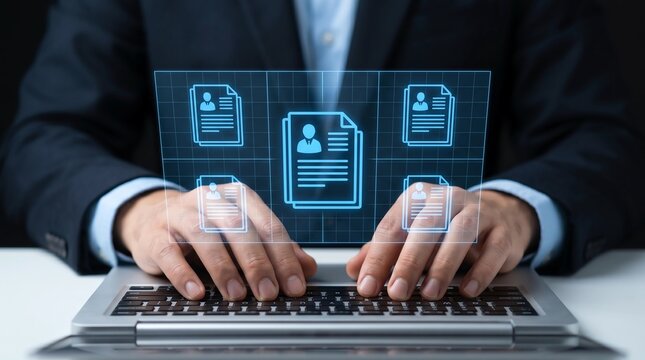Recruitment management system and technologies. Applicant tracking and hiring process automation software. Businessman using candidate selection application on laptop computer. 