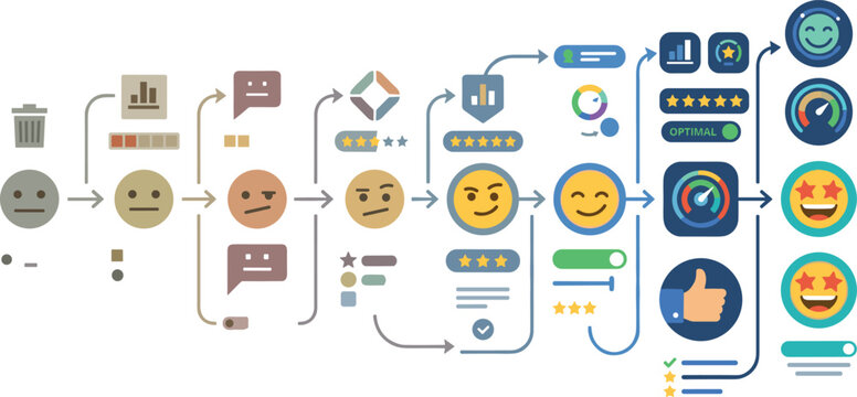 Customer satisfaction analytics workflow vector illustration featuring feedback monitoring, sentiment ratings, and digital user experience dashboard system