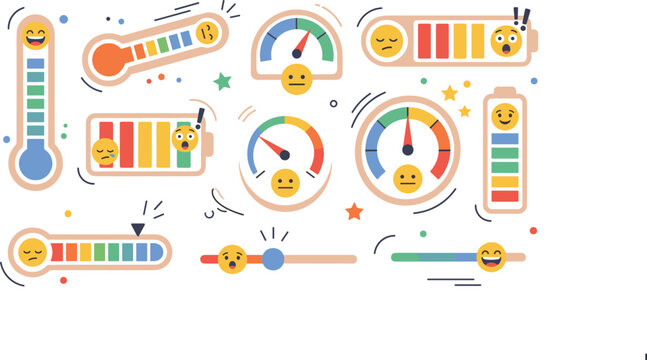 Emotion meter and mood analytics vector set featuring emoji feedback indicators, emotional tracking dashboards, and sentiment monitoring illustrations