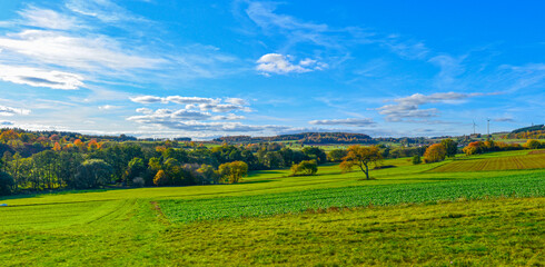 Naklejka premium Weite herbstliche Hügellandschaft im Hohen Vogelsberg bei Grebenhain, Hessen 