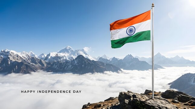 Indian flag waving against majestic himalayan mountain range