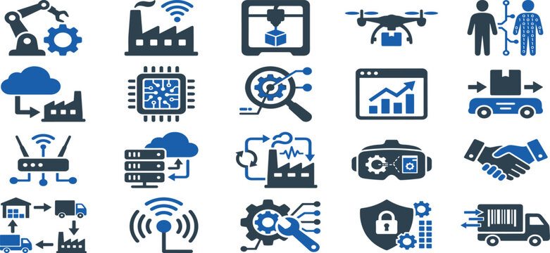 Smart industry four point zero icon set with robotic automation artificial intelligence logistics and digital manufacturing technology infrastructure systems.