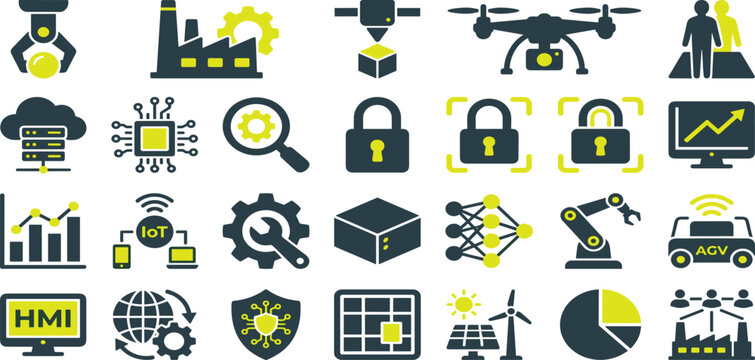 Smart industry four point zero icon set with robotic automation cybersecurity neural networks and digital manufacturing technology systems.